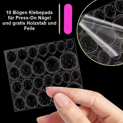 Produktbild von GKA 10 Bögen Klebepads für Press-On Nägel Fingernägel Kunstnägel doppelseitig transparent mit Holzstab und Feile 240 Stück Pads
