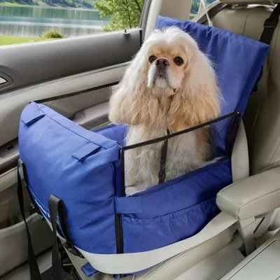 Image de Siège élévateur pour chien, adapté aux petites et moyennes races, de couleur bleue, avec harnais de sécurité, poches de rangement et rembourrage en mousse à mémoire de forme