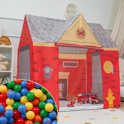 Produktbild von Selonis Spielhaus Spielzelt Feuerwehrhaus Mit 300 Bälle Faltbares Für Kinder Realistisches Design Langlebige Und Sichere Leicht Zu Montieren Drinnen Und Draußen, Rot-Grau:Gelb/Grün/Blau/Rot/Orange
