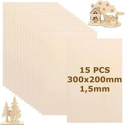Zdjęcie produktu dla Płyta sklejka lipowa 300X200X1 5MM do majsterkowania zestaw 15 szt.