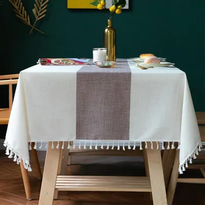 Immagine prodotto di Tovaglia lavabile, in lino e cotone, rettangolare, a righe, con frange, 140x260 cm, bianca e marrone