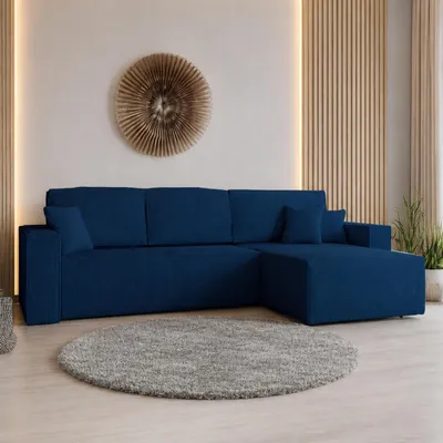 Produktbild von GOLDSTOFF Ecksofa mit Schlaffunktion und Bettkasten | Ecksofa L-Form für Wohnzimmer | Cord Sofa mit Liegefläche 230x147cm | Schlafsofa (Blau)