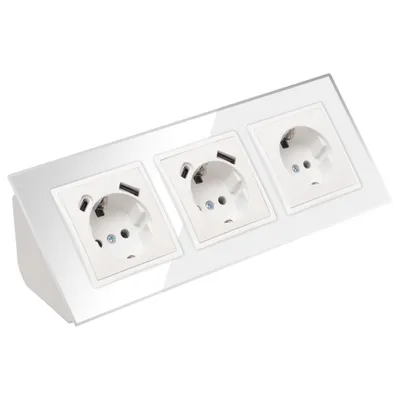 Produktbild von Glas Ecksteckdose 2-fach Steckdose mit USB und USB-C und Schuko Steckdose Steckdosenblock 45° Verteilerdose weiß.