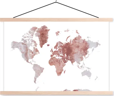 Produktbild von MuchoWow® Textilposter Weltkarte - Marmor - Rot 120x80 cm mit holzfarbenen Rahmen - Aufhängeset