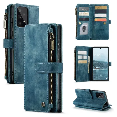Collage of a blue leather wallet-style phone case for a Samsung Galaxy A53 5G, showing different angles and features.