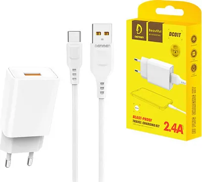 Immagine prodotto di CARICABATTERIE DA RETE 2,4 A + CAVO USB TIPO C BIANCO DENMEN 2400 mA DC01 12 W