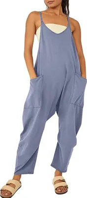 Produktbild von ASKSA Damen Latzhose Sommer Ärmellose Jumpsuit Baggy Oversize Beiläufig Lockerer Strampler Playsuit, Blau, 4XL