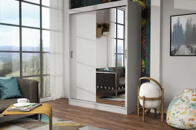 Zdjęcie produktu dla Szafa 2-drzwiowa przesuwna RIO 150x215cm biała – lustro na froncie, w zestawie półki, drążek na ubrania, solidne wykonanie, łatwy montaż