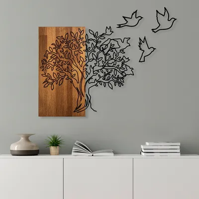 Produktbild von Wallity, Tree And Birds 1, Dekoratives Wandaccessoire aus Holz, 100 % HOLZ / METALL, Nussbaum, 61 x 58 cm