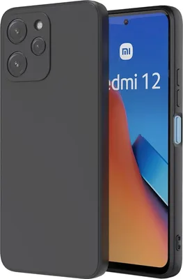 A dark grey silicone phone case is shown next to a smartphone displaying the 'Redmi 12' logo.