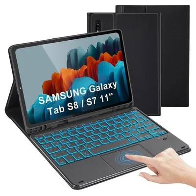 Produktbild von Tastatur Hülle mit für Galaxy S9 FE 11 Zoll S9 S8 S7 Kabellose Tastatuhülle Bluetooth Tastatur Tab S9 FE S10 FE S10 S9 S8 S7 Schwarz Beleuchtet + Touchpad