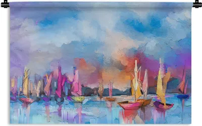 Produktbild von MuchoWow® Wandteppich Wandbehang Malerei - Boote - Wasser 60x40 cm Tapisserie Dekoration Wandtuch - Wanddekorationen