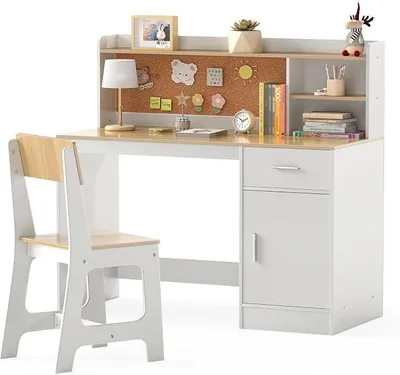 Imagen del producto de Escritorio infantil con silla, escritorio de madera para niños con estanterías, cajones y armario, escritorio juvenil para habitaciones infantiles, mesa infantil para niños y niñas a partir de 3 años (color natural)