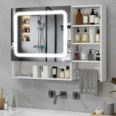 Produktbild von Puluomis Spiegelschrank Bad 80cm mit 3 färbiger dimmbarer Beleuchtung, Digitaler Uhr, Handtuchhalter, Antibeschlag Badezimmerschrank Wandschrank weiß