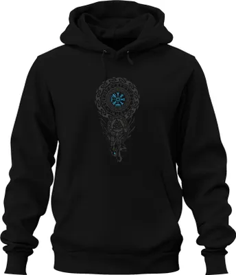 Obrázok produktu pre Viking Runes Compass Vegvisir Wolf Valknut Nordic Knot Uni mikina s kapucňou, čierna, 3XL