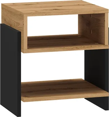 A product shot of a modern nightstand with two shelves.