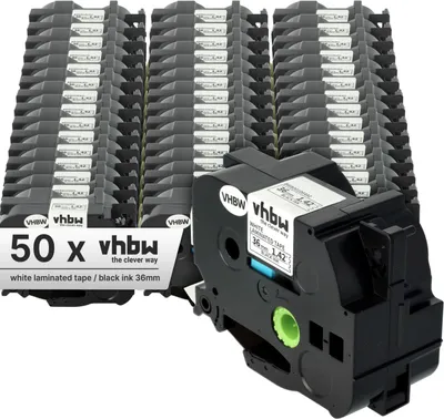 Produktbild von vhbw 50x Schriftband-Kassette kompatibel mit Brother P-Touch 550A, 9200, 9500, 9200DX, 550, 9200PC, 3600 Etiketten-Drucker 8m x 36mm Schwarz auf Weiß