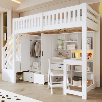 Produktbild von MODFU Jugendbett 90x200cm Hochbett mit Schubladen und mit offenen Stauraumfächern,Holzbett mit Kleiderschrank und Schreibtisch,Bettgestell mit Sicherheitsgeländer,Mit Matratze,Weiß