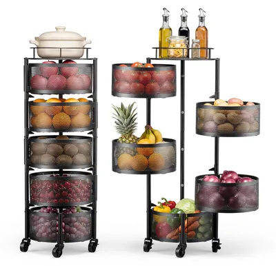 Produktbild von VEVOR Gemüseregal Küchenwagen mit 5 Ebenen, Obstkorb, Gemüsekorb aus Metall, Fahrbarer Drahtkorb-Organizer auf Rollen, Schwarzer Aufbewahrungswagen, ideal für Küche, Bad & Kinderzimmer