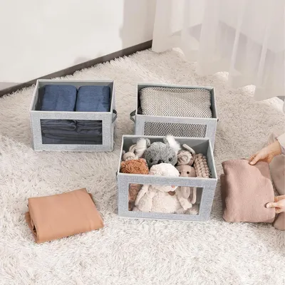 Obrázek produktu pro 4 úložné boxy, skládací úložné boxy s průhledným oknem, látkový úložný koš s víkem pro uspořádání šatníku, police, hraček, oblečení