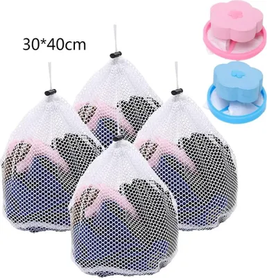 Image de 4 filets à linge en maille fine + 2 sacs filtrants, sacs à linge avec cordon de serrage, filets à linge réutilisables, adaptés aux manteaux, pulls, chaussettes, etc., 30 × 40 cm