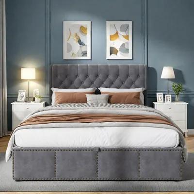 Produktbild von Polsterbett mit hydraulischer Höhenverstellung, funktionales Bett mit Stauraum, Nietendekor, 160 x 200 cm, ohne Matratze, Samt, grau