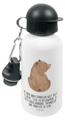Produktbild von Mr. & Mrs. Panda Trinkflasche Bär Schulterblick - Weiß - Geschenk, Selbstachtung, Motivation, Weltansicht, für den Kindergarten, Wasserflasche, Sportflasche, Weisheit