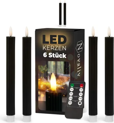 Produktbild von Stabkerzen LED mit Timer SCHWARZ 6 Stück Indoor 6 Stunden ECHTWACHS gerippt 23cm Höhe für Kerzen 2,2cm Durchmesser 2 AAA Batterien notwendig LED Stabkerzen 2er Set SCHWARZ (zwei Mal)