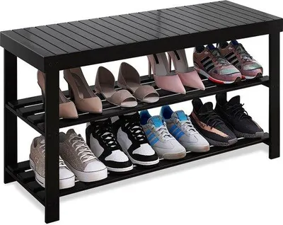 Image de Banc à chaussures en bambou, 3 niveaux, noir, robuste