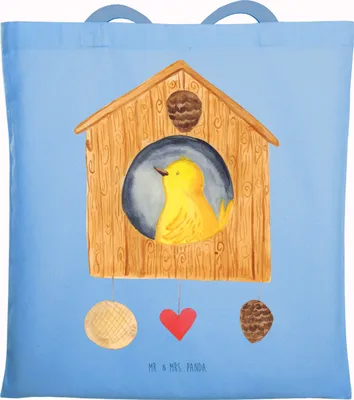 Produktbild von Mr. & Mrs. Panda Uni Tasche Vogel Haus - Sky Blue - Geschenk, festivaltasche, Wohnung, Zuhause, Shopping, Laptoptasche, Jutebeutel, Tote Bag, Familie, Castle