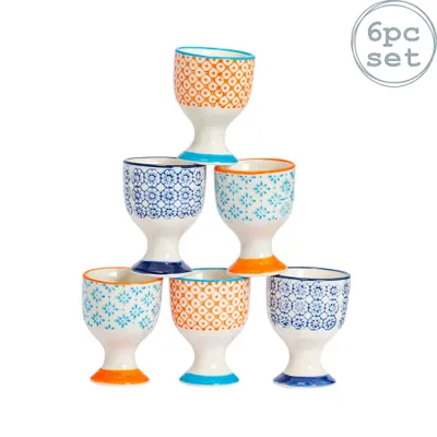 Produktbild von Nicola Spring 6 Stück Hand Printed Eierbecher Set - Porzellan Frühstück hart weich gekochte Eier Halter - 3 Farben
