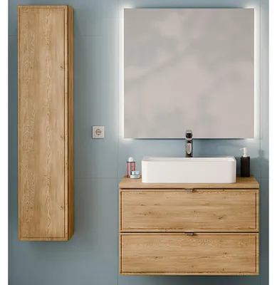 Image de Ensemble Complet Meuble Vasque 80 cm + Plateau + Vasque + Miroir LED + Colonne - L 80 x P 46 x 51,5 cm - Caldera Clair
