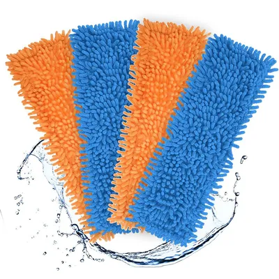 Four microfiber mop pads, two orange and two blue, are fanned out with water splashes around them.