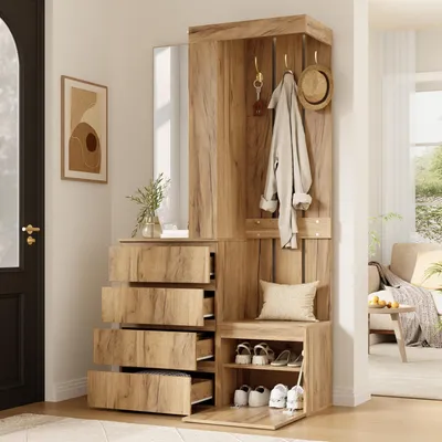 Produktbild von STILVORA Garderoben-Set mit Spiegel und Haken, Garderobe mit 4 Schubladen und 1 Tür, Flurmöbel mit Ablagefach, viel Stauraum