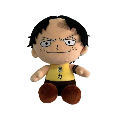 A plush toy of a cartoon character is sitting against a white background.