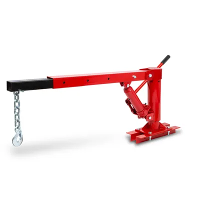 A red and black engine hoist with a chain and hook is shown against a white background.