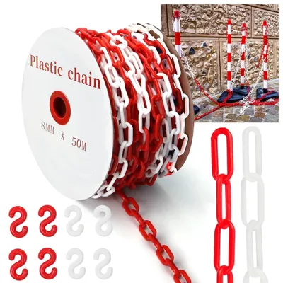 Productafbeelding van Afsluitketting 50 meter - Kunststofketting - Rood/Wit - 8 mm waarschuwingsketting - Inclusief 8 karabijnhaakjes - Geschikt voor inritten en werkplaatsen