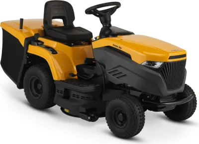 A yellow and black ride-on lawnmower is shown from a three-quarter front angle against a white background.