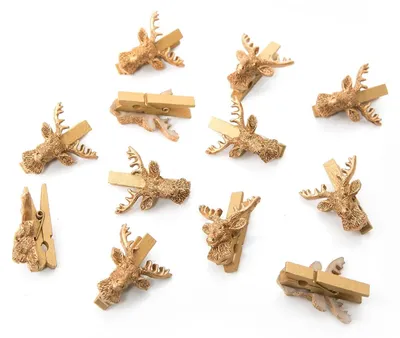 Produktbild von 12 Stück kleine gold farbene Hirsch Dekoklammern Geweih jagdlich Zierklammern Hirschkopf Jagd Weihnachten Dekoration mini Wäscheklammern Holzklammern Deko Klammern für alle Feste - edel