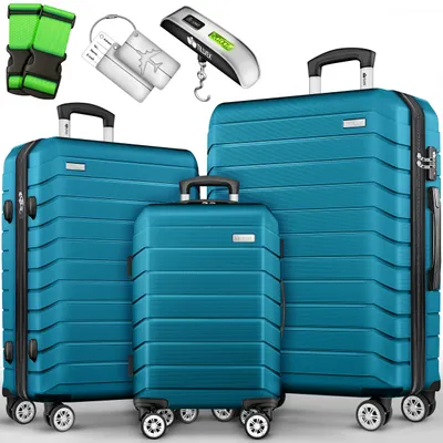 Produktbild von tillvex® Reisekoffer Set 3-TLG. + Gepäckwaage, 6X Koffergurte & 3X Kofferanhänger | Kofferset 4 Rollen | Trolley Gepäck Koffer TSA Schloss | Rollkoffer Hartschalenkofferset S-M-L-XL (Türkis)