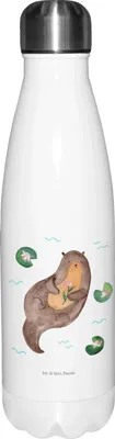 Produktbild von Mr. & Mrs. Panda Wasserflasche Otter Seerose - Weiß - Geschenk, Fischotter, Thermosflasche, glücklich, Trinkflasche, Thermos, Isolier-Trinkflasche, trinkflaschen, Wasser