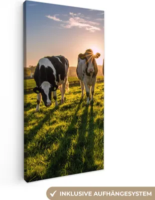 Produktbild von MuchoWow® - Leinwandbilder - Kühe - Sonne - Gras - Tiere - Bauernhof, Wandbild, Wanddeko Bilder Wohnzimmer, 20x40 cm