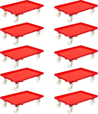 Produktbild von SparSet 10x Transportroller für Euroboxen 60x40cm mit Kunststoffräder rot | Geschlossenes Deck | 2 Lenkrollen & 2 Bockrollen | Traglast 300kg | Kistenroller Logistikroller Rollwagen Profi-Fahrgestell