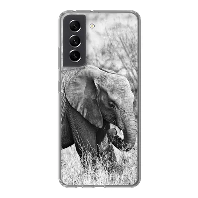 Produktbild von MuchoWow® Handyhülle Schutzhülle Hülle für Samsung Galaxy S21 FE Elefant - Tiere - Gras - Schwarz und weiß Silikon Softcase Handy Hülle - Mobiltelefonhülle