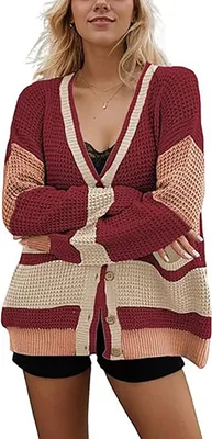 Produktbild von ASKSA Damen Pullover Strickjacken V-Ausschnitt Farbblock Langarm Strick Cardigan Casual Knopfleiste Strickmantel (Rot,M)