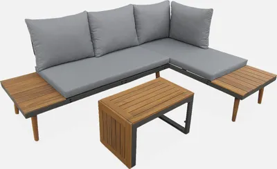 Produktbild von sweeek - Modulares Gartenmöbelset aus Aluminium und Akazienholz, 4-Sitzer - Anthrazit