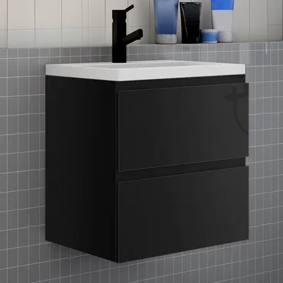Produktbild von Badmöbel Set HUTI-Serie 60cm Dickes Keramik Waschbecken mit Unterschrank Badezimmermöbel mit 2 Schubladen Hochglanz Schwarz Hängeschrank