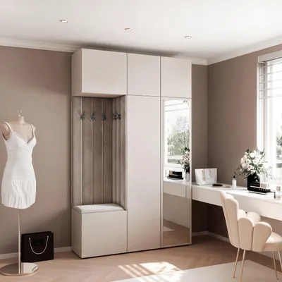 Produktbild von Garderobe ARIA 7 146 cm Kaschmir Gepolstert Mausgrau mit Spiegel Soft-Close Push-to-Open