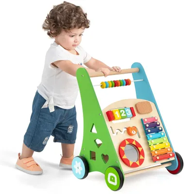 Produktbild von GOPLUS Stabile Lauflernhilfe aus Holz, Multifunktionaler Lauflernwagen mit mehreren Spieleinstellungen & Ablage, Lernspielzeug Gehhilfe mit Gummirädern & Griff