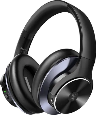 A studio shot of black over-ear headphones against a white background.